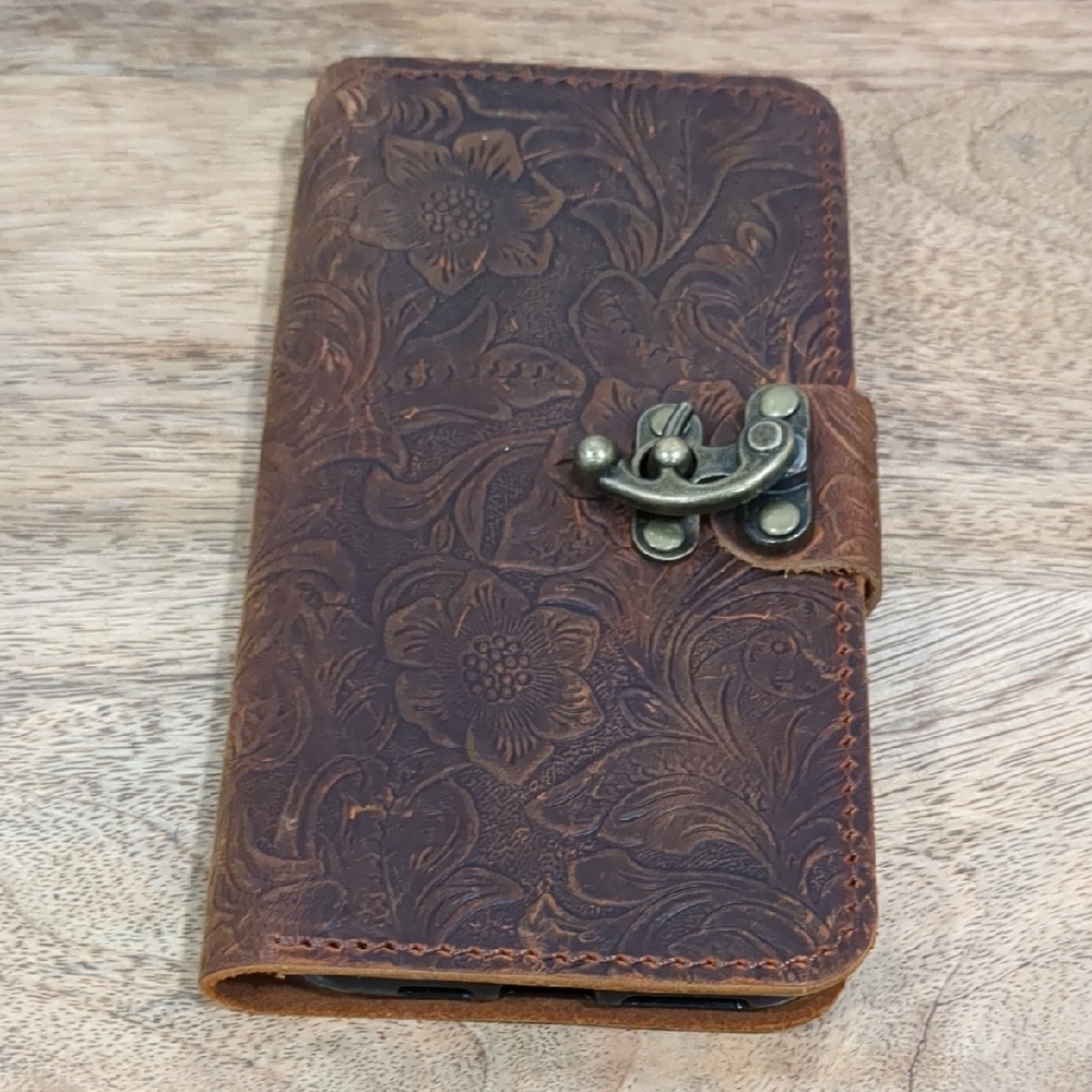 Genuine Leather Tooled Phone Case With Card Slots